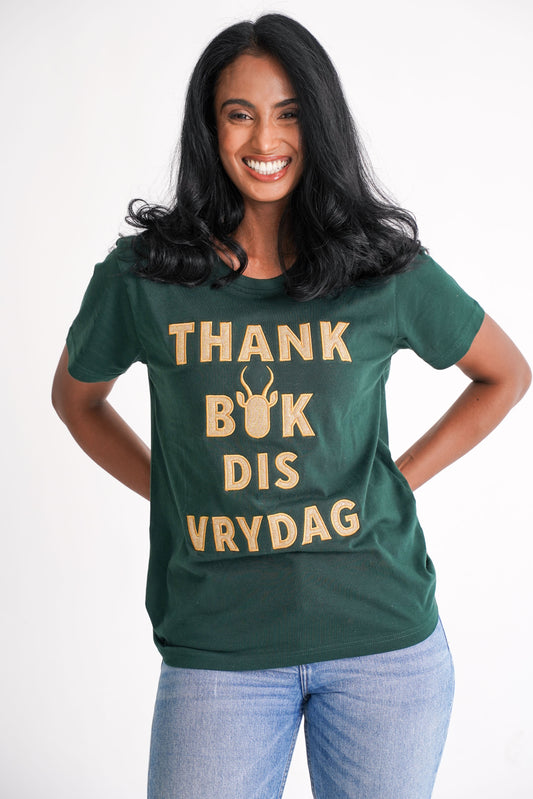 BOK BABE Ladies Bottle Green 'Thank Bok dis Vrydag' T-Shirt